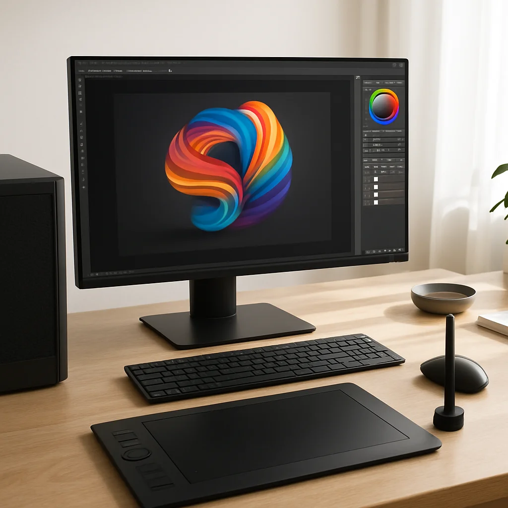A high-end tower workstation with dual professional GPUs running DaVinci Resolve on a calibrated ultrawide monitor in a darkened post-production suite